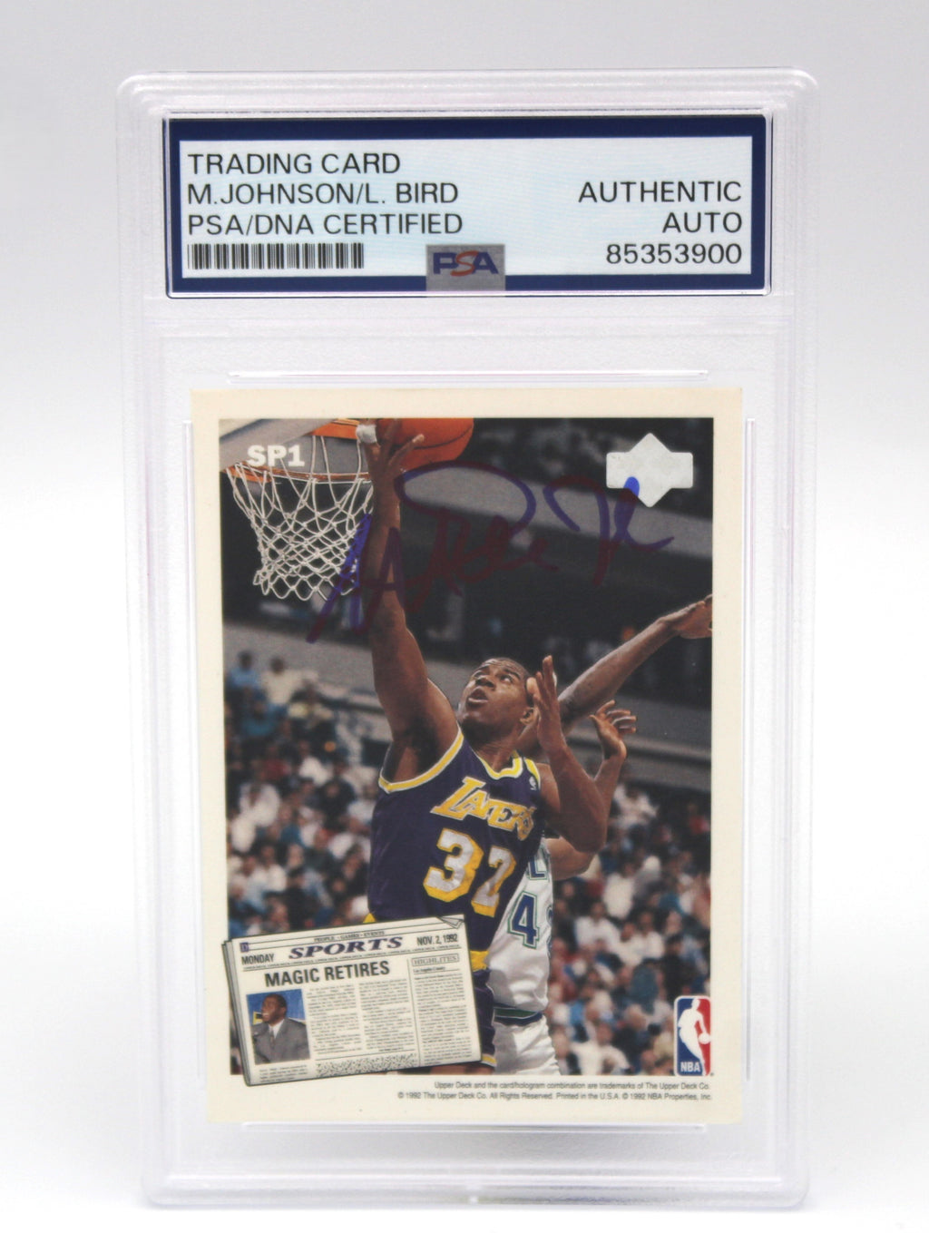 1992-93 Upper Deck #SP1 Magic Johnson / Larry Bird Retirement Dual Autograph Card, PSA Authentic