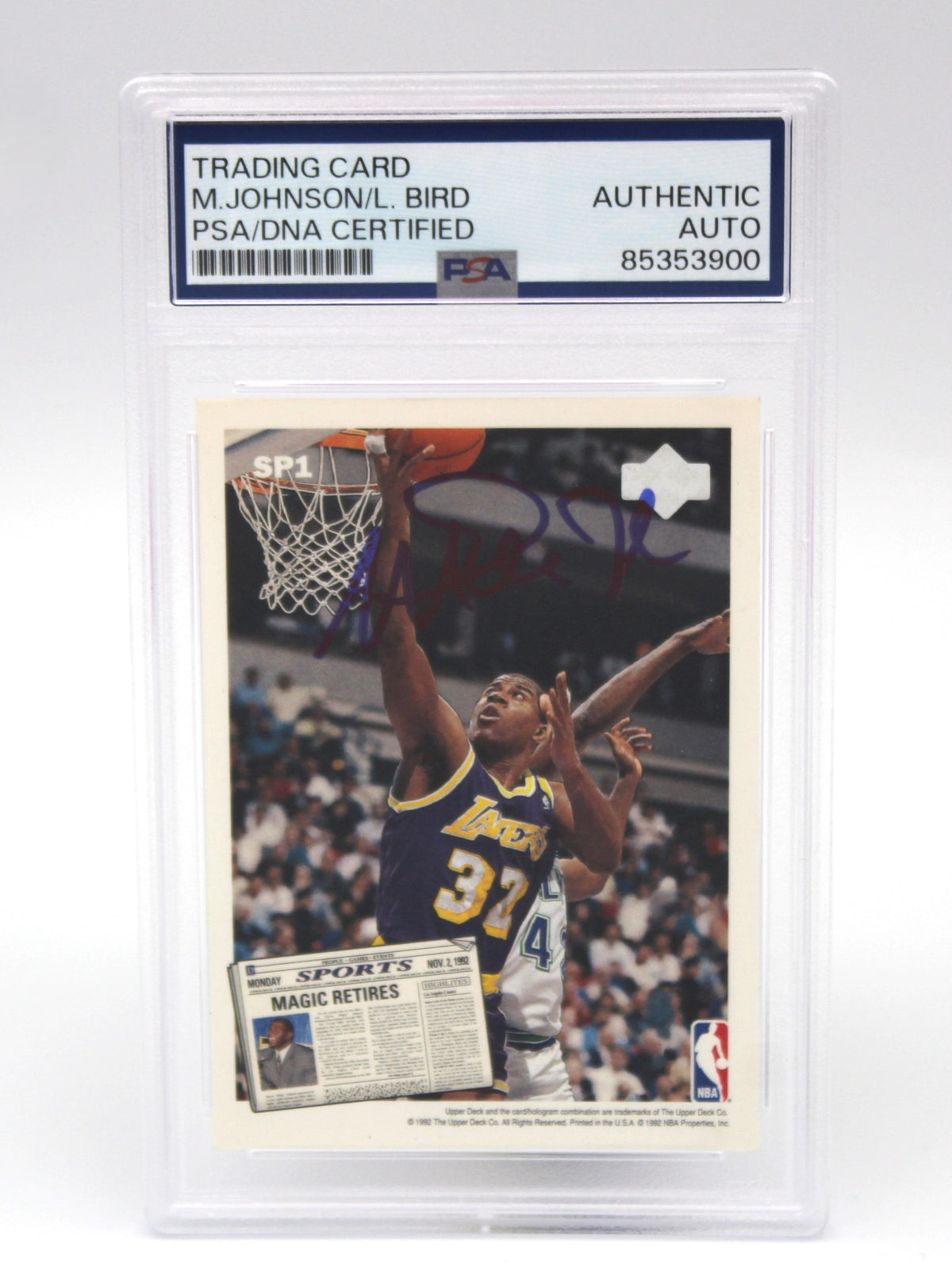 1992-93 Upper Deck #SP1 Magic Johnson / Larry Bird Retirement Dual Autograph Card, PSA Authentic