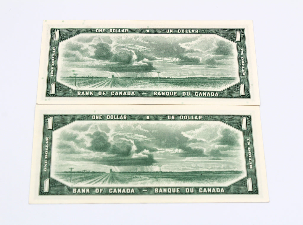 Pair of Consecutive 1954 Bank of Canada $1 Modified Portrait Banknotes