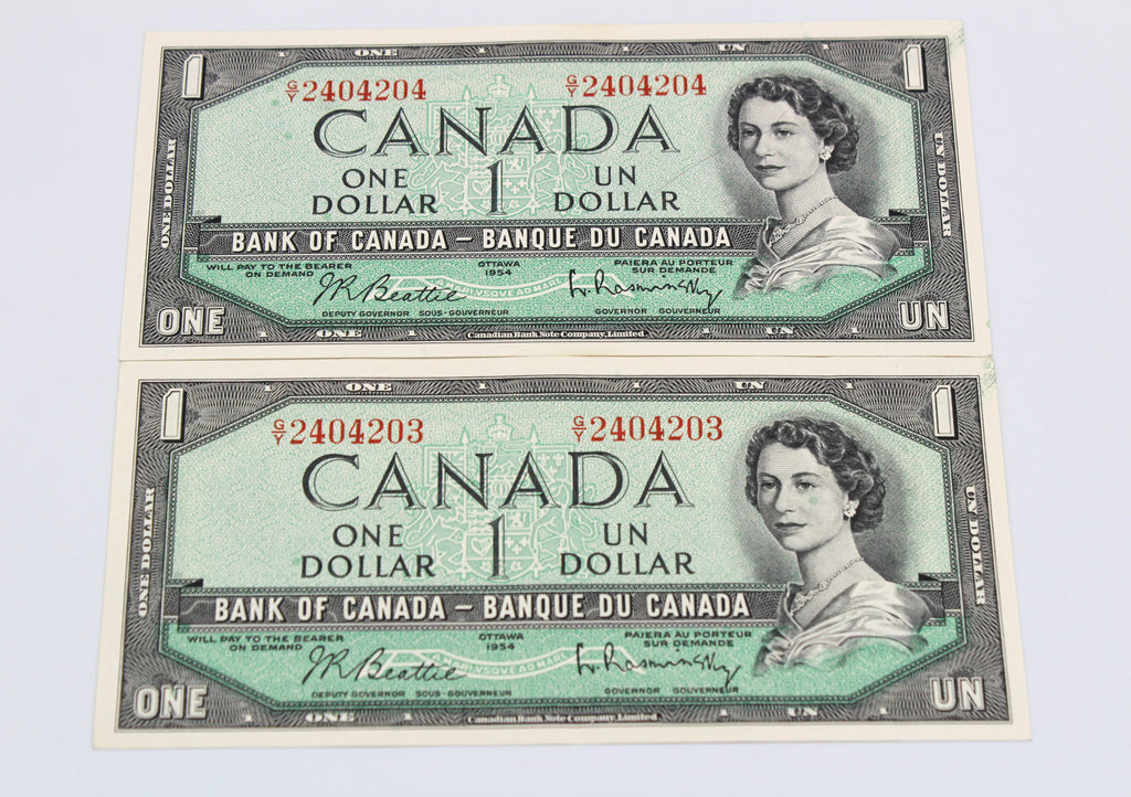 Pair of Consecutive 1954 Bank of Canada $1 Modified Portrait Banknotes
