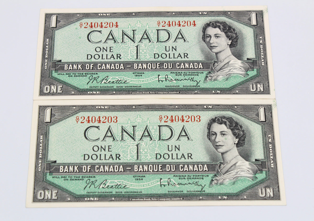 Pair of Consecutive 1954 Bank of Canada $1 Modified Portrait Banknotes