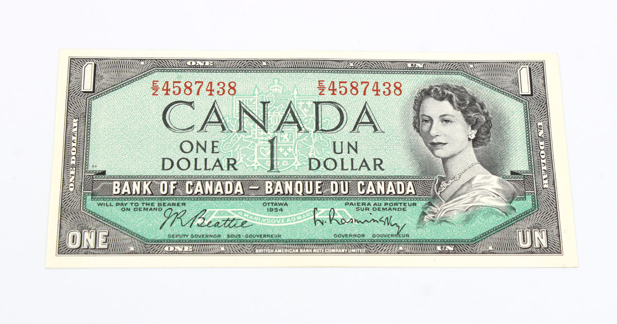1954 Bank of Canada $1 Dollar Modified Portrait Banknote, AU 50